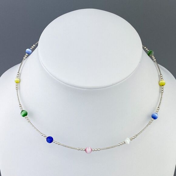 Memory Wire Multicolor Cat's Eye Choker Necklace | Sterling Silver 925 | 15.5" - Picture 2 of 4